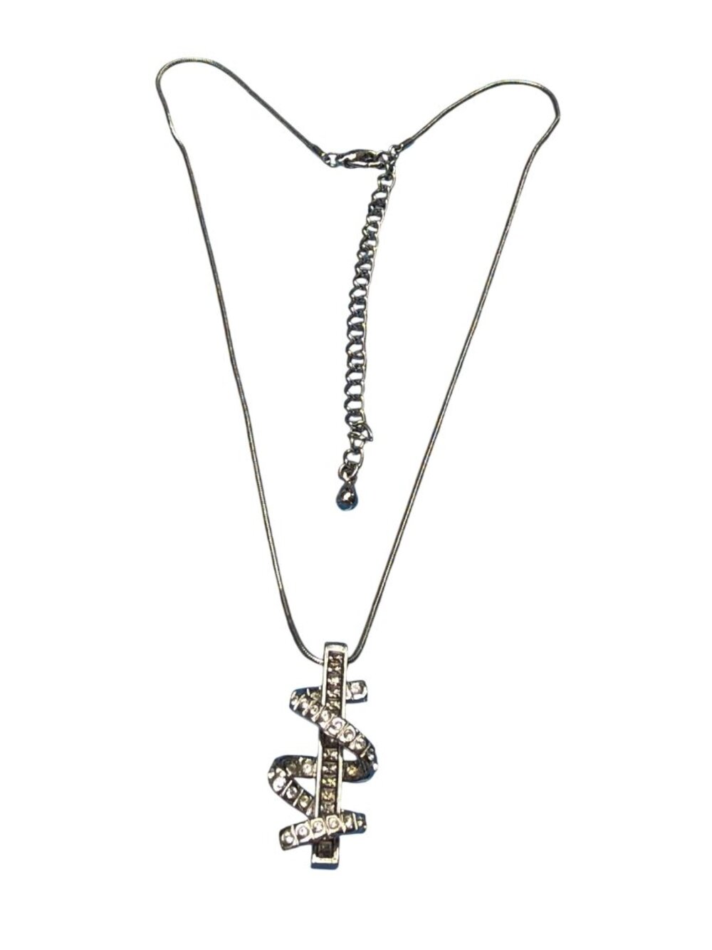 Silver Tone Snake Chain Pendant Necklace Baguette Clear Rhinestones Adj. 19.5"